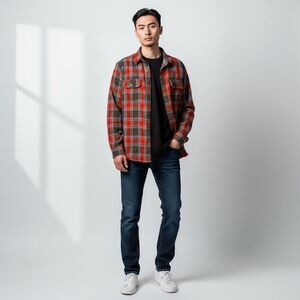 Faded Glory Red Gray Blue Plaid Flannel Long Sleeve Button Down Cotton size XL